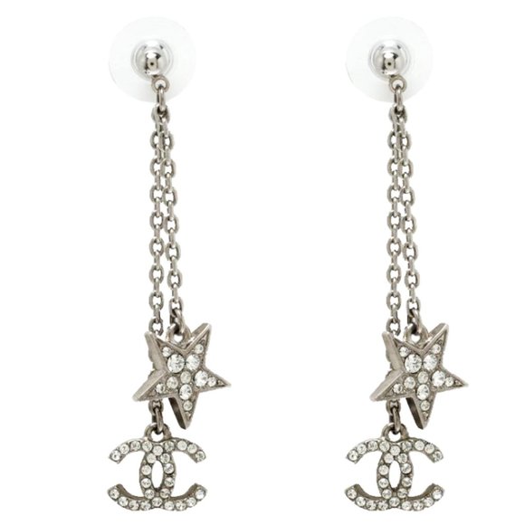 CHANEL Long Dangle Stars Crystals Rhinestones CC Chain Earrings - Picture 7 of 8